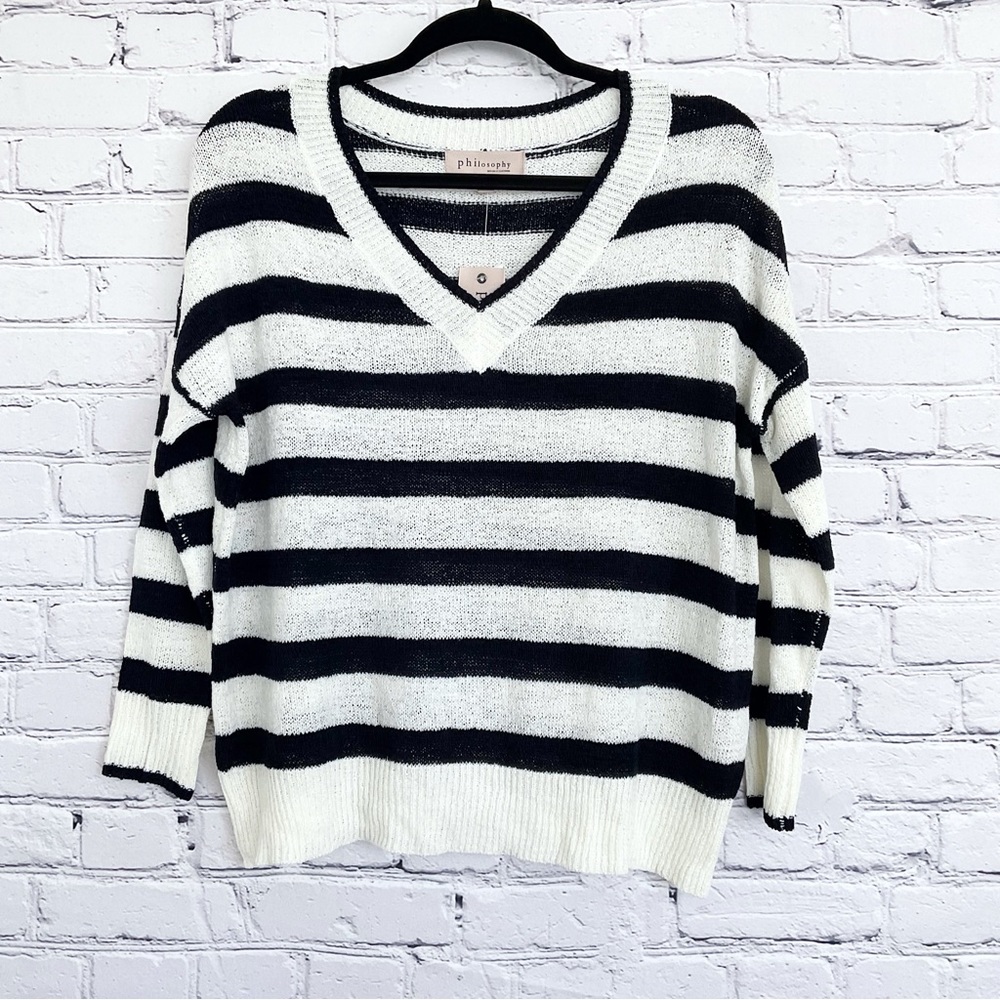 New Philosophy Striped Sweater V Neck Black White Size XS